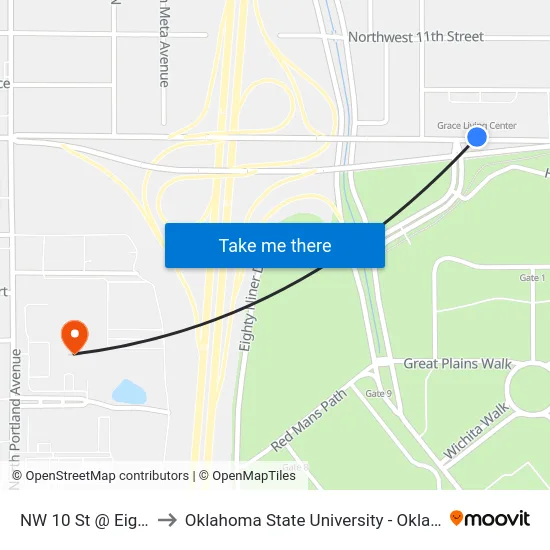 NW 10 St @ Eighty Niner Dr to Oklahoma State University - Oklahoma City (OSU-OKC) map