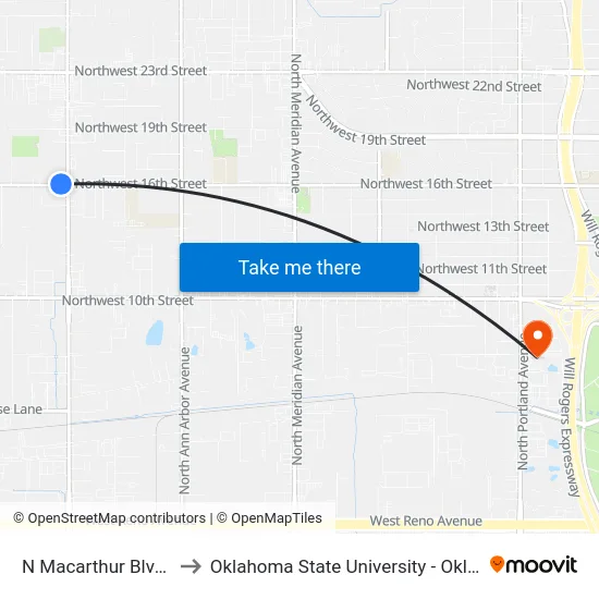 N Macarthur Blvd @ NW 16 St to Oklahoma State University - Oklahoma City (OSU-OKC) map