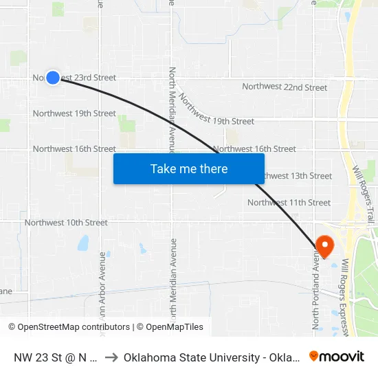 NW 23 St @ N Moulton Dr to Oklahoma State University - Oklahoma City (OSU-OKC) map