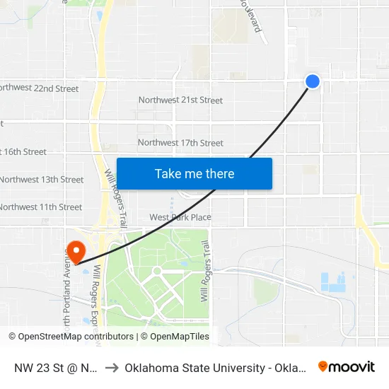 NW 23 St @ N Cross Ave to Oklahoma State University - Oklahoma City (OSU-OKC) map