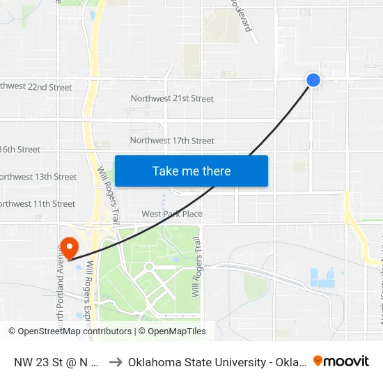 NW 23 St @ N Youngs Blvd to Oklahoma State University - Oklahoma City (OSU-OKC) map
