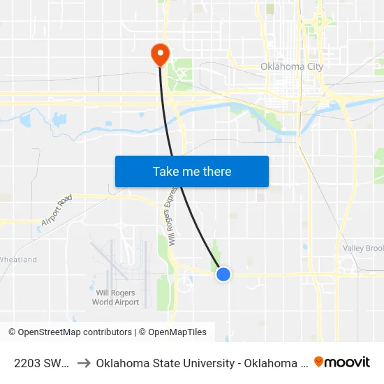 2203 SW 74 St to Oklahoma State University - Oklahoma City (OSU-OKC) map