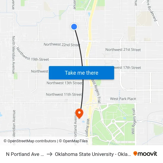 N Portland Ave @ NW 27 St to Oklahoma State University - Oklahoma City (OSU-OKC) map