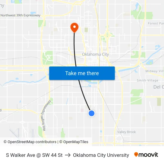S Walker Ave @ SW 44 St to Oklahoma City University map