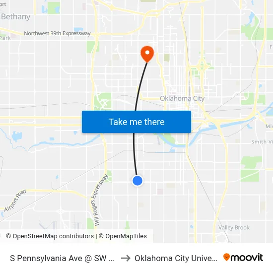S Pennsylvania Ave @ SW 35 St to Oklahoma City University map