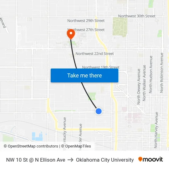 NW 10 St @ N Ellison Ave to Oklahoma City University map