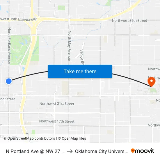 N Portland Ave @ NW 27 St to Oklahoma City University map