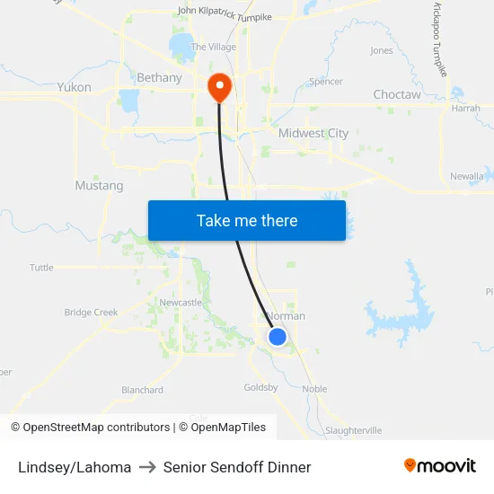 Lindsey/Lahoma to Senior Sendoff Dinner map