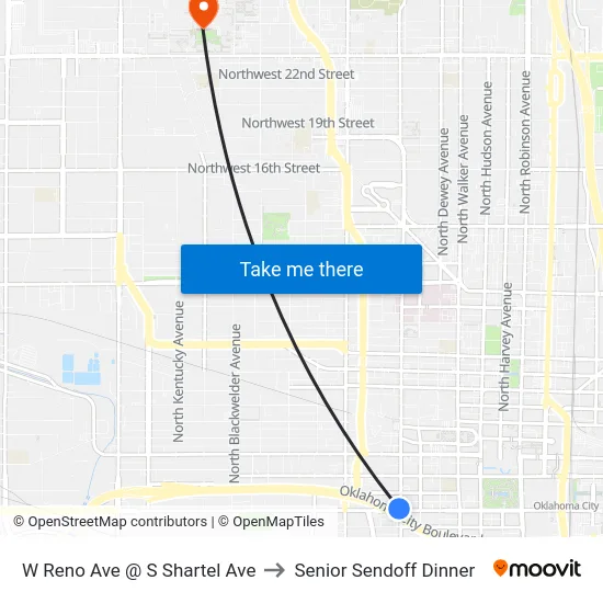 W Reno Ave @ S Shartel Ave to Senior Sendoff Dinner map
