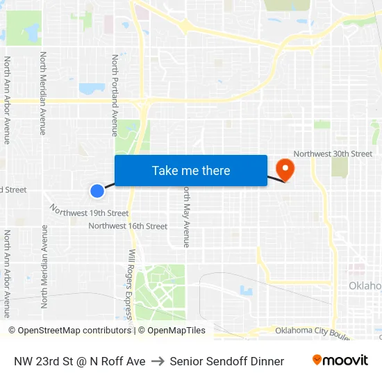 NW 23rd St @ N Roff Ave to Senior Sendoff Dinner map
