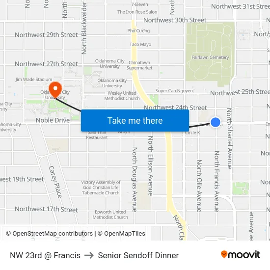 NW 23rd @ Francis to Senior Sendoff Dinner map