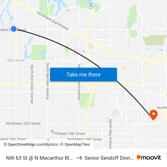 NW 63 St @ N Macarthur Blvd to Senior Sendoff Dinner map