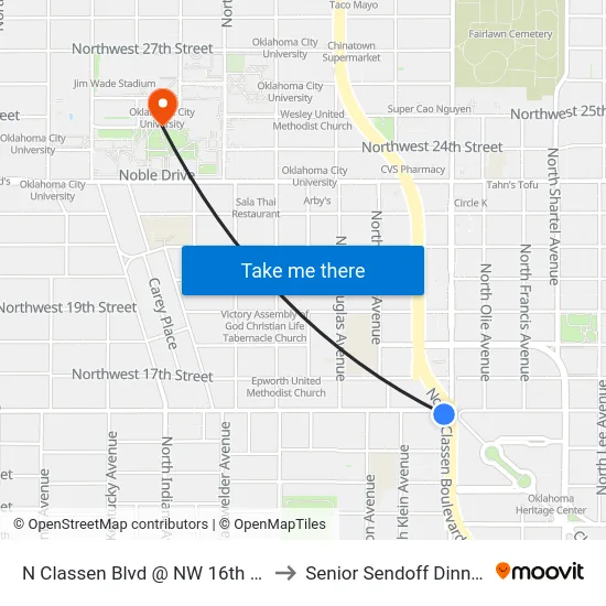 N Classen Blvd @ NW 16th St to Senior Sendoff Dinner map