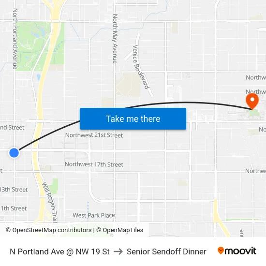 N Portland Ave @ NW 19 St to Senior Sendoff Dinner map