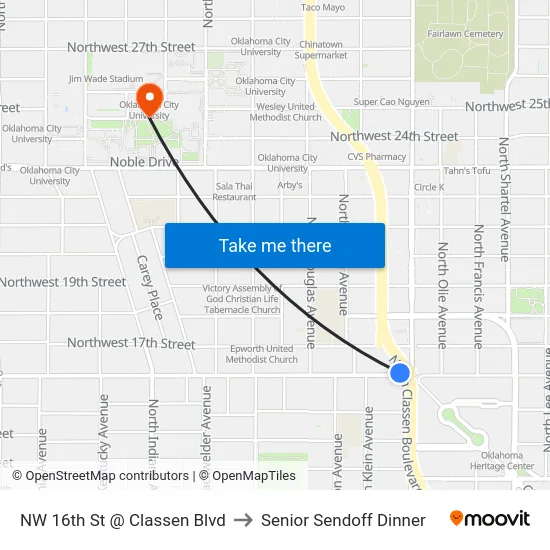 NW 16th St @ Classen Blvd to Senior Sendoff Dinner map