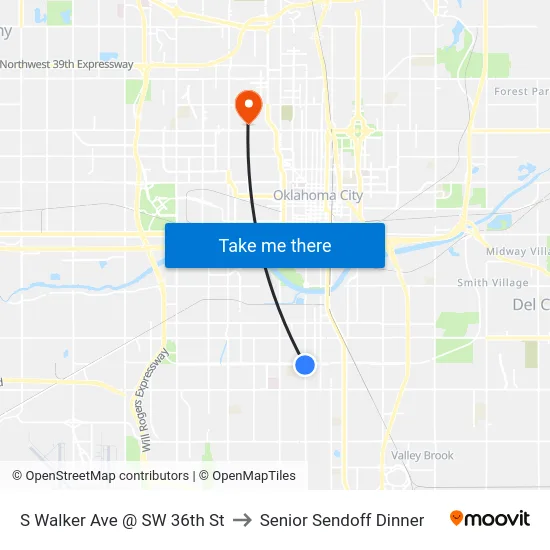 S Walker Ave @ SW 36th St to Senior Sendoff Dinner map