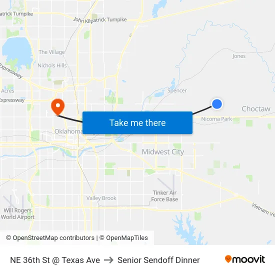 NE 36th St @ Texas Ave to Senior Sendoff Dinner map