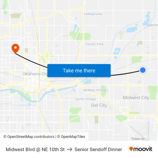 Midwest Blvd @ NE 10th St to Senior Sendoff Dinner map