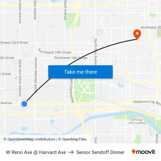 W Reno Ave @ Harvard Ave to Senior Sendoff Dinner map