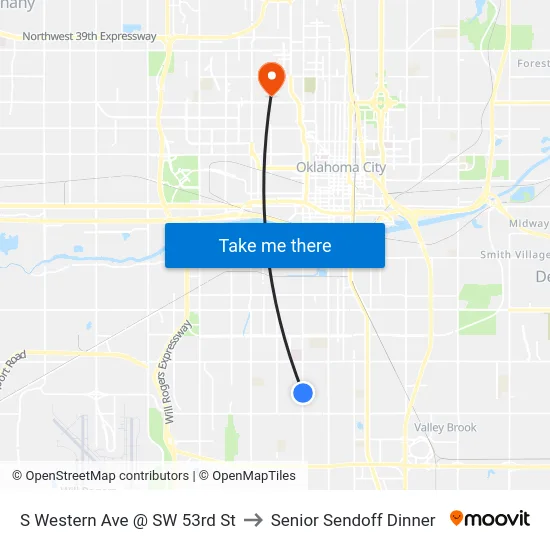 S Western Ave @ SW 53rd St to Senior Sendoff Dinner map