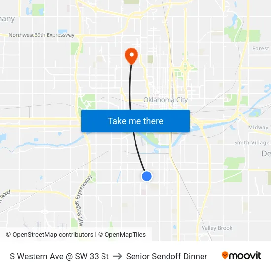 S Western Ave @ SW 33 St to Senior Sendoff Dinner map