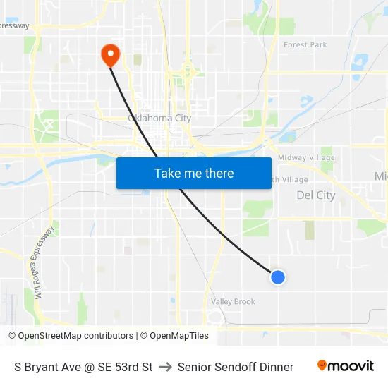 S Bryant Ave @ SE 53rd St to Senior Sendoff Dinner map