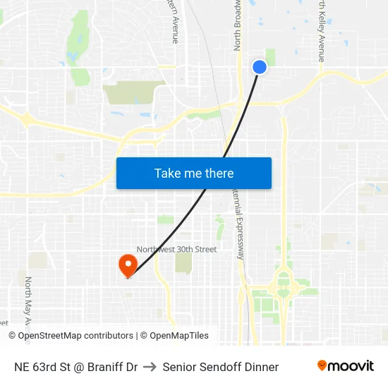 NE 63rd St @ Braniff Dr to Senior Sendoff Dinner map