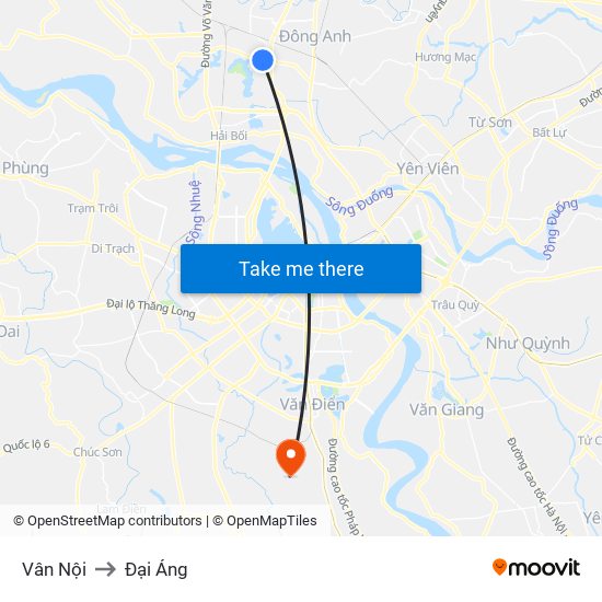 Vân Nội to Đại Áng map