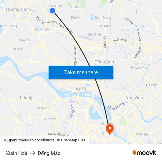 Xuân Hoà to Đống Mác map