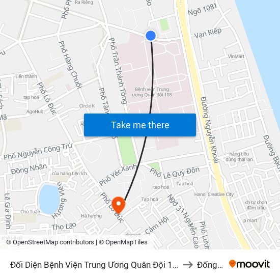 Đối Diện Bệnh Viện Trung Ương Quân Đội 108 - Trần Hưng Đạo to Đống Mác map