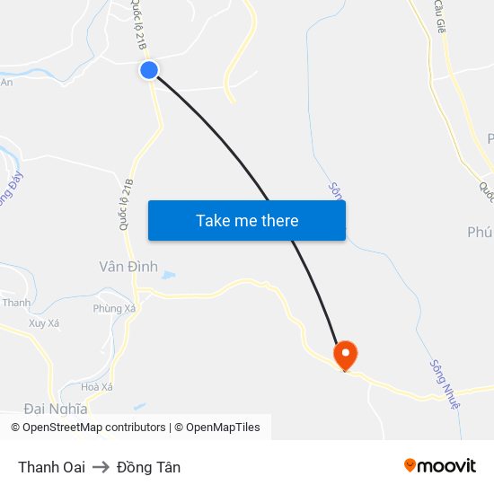 Thanh Oai to Đồng Tân map