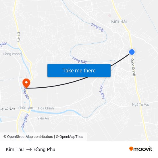 Kim Thư to Đồng Phú map