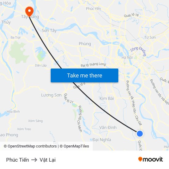 Phúc Tiến to Vật Lại map