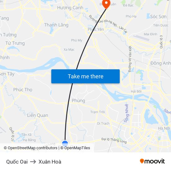 Quốc Oai to Xuân Hoà map