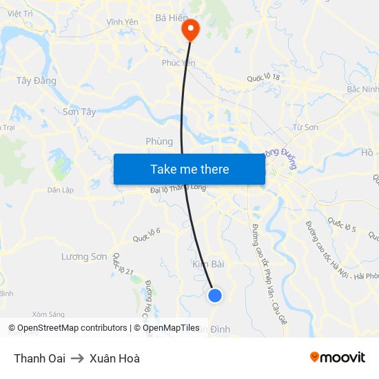 Thanh Oai to Xuân Hoà map