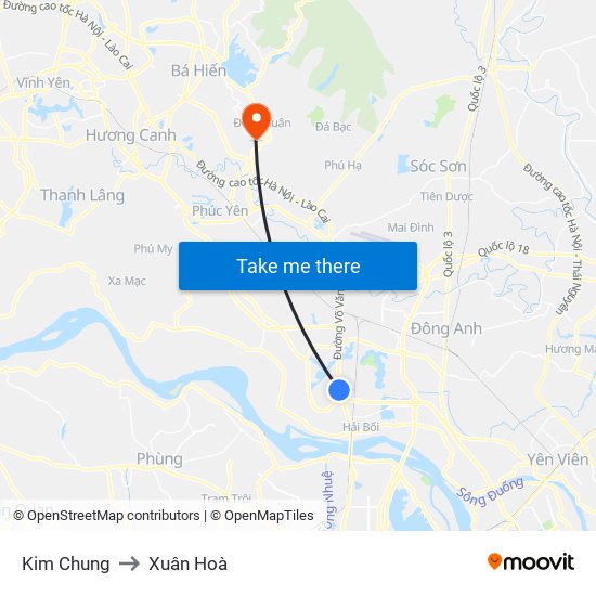 Kim Chung to Xuân Hoà map