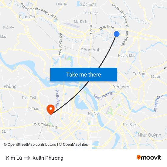 Kim Lũ to Xuân Phương map