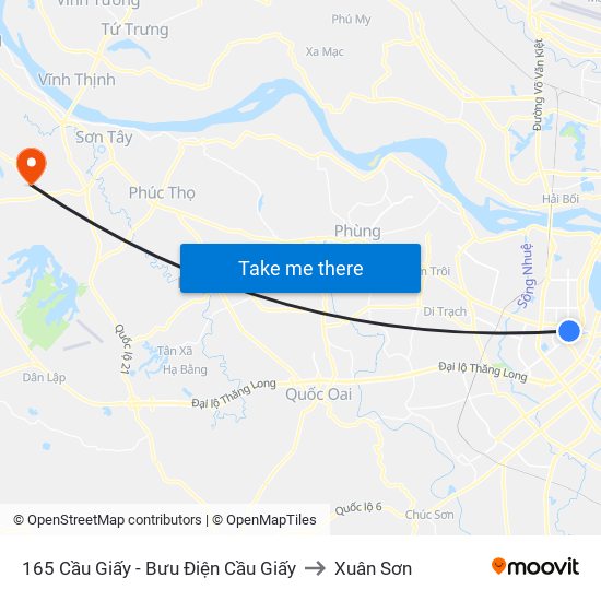 165 Cầu Giấy - Bưu Điện Cầu Giấy to Xuân Sơn map