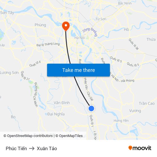 Phúc Tiến to Xuân Tảo map