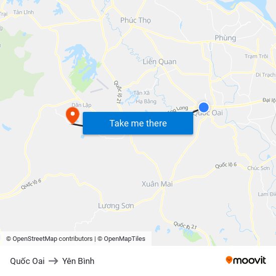 Quốc Oai to Yên Bình map