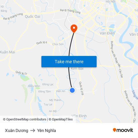 Xuân Dương to Yên Nghĩa map