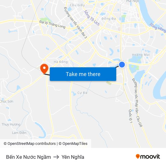 Bến Xe Nước Ngầm to Yên Nghĩa map