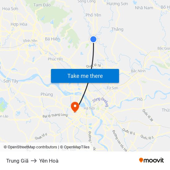 Trung Giã to Yên Hoà map