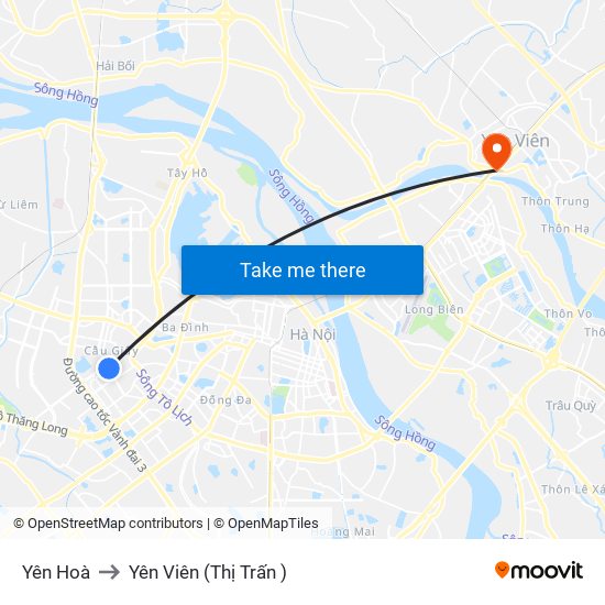 Yên Hoà to Yên Viên (Thị Trấn ) map