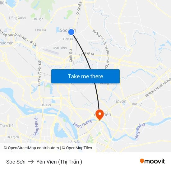 Sóc Sơn to Yên Viên (Thị Trấn ) map