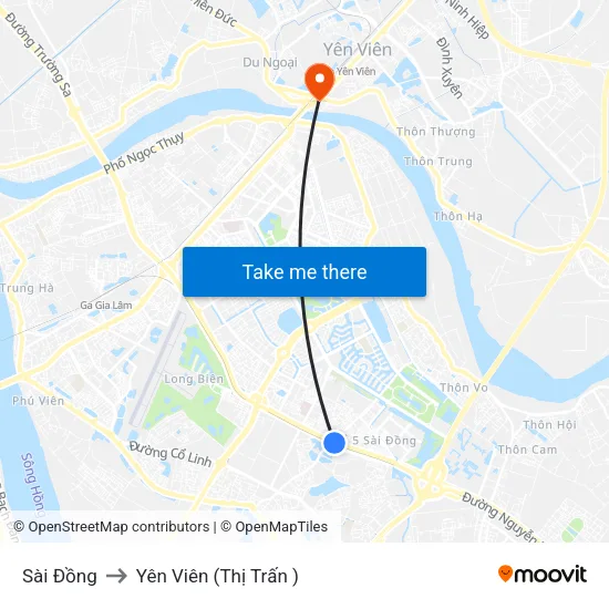 Sài Đồng to Yên Viên (Thị Trấn ) map