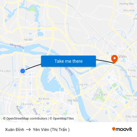 Xuân Đỉnh to Yên Viên (Thị Trấn ) map