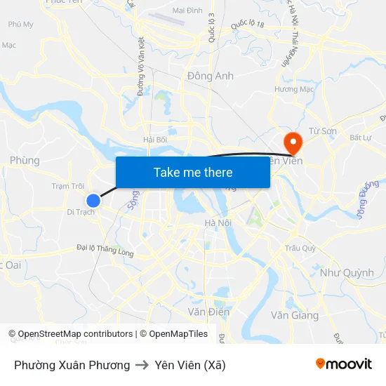Phường Xuân Phương to Yên Viên (Xã) map