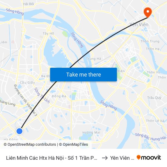 Liên Minh Các Htx Hà Nội - Số 1 Trần Phú (Hà Đông) to Yên Viên (Xã) map