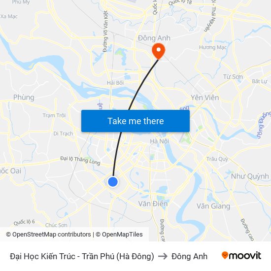 Đại Học Kiến Trúc - Trần Phú (Hà Đông) to Đông Anh map